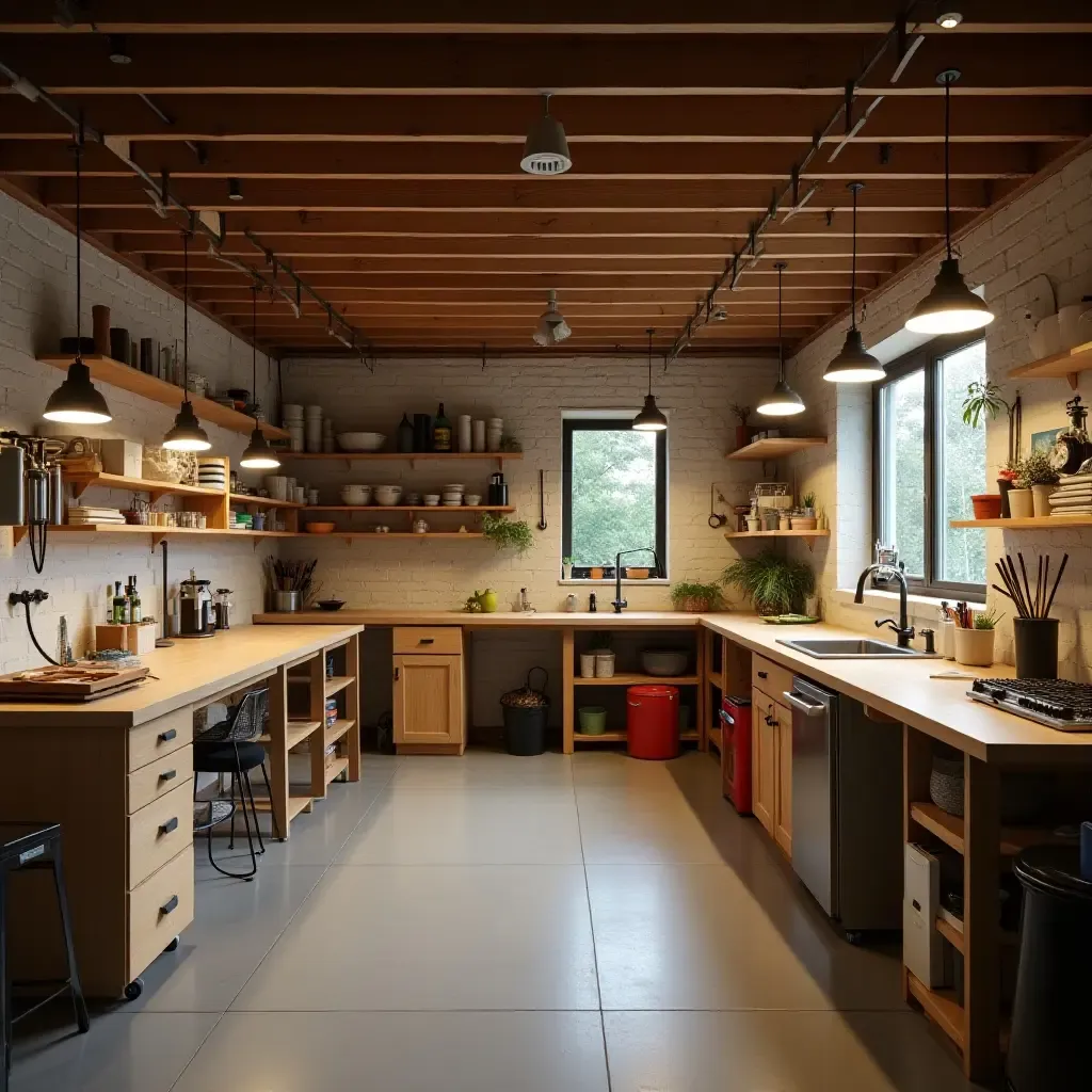 a photo of a basement workshop with functional pendant lighting