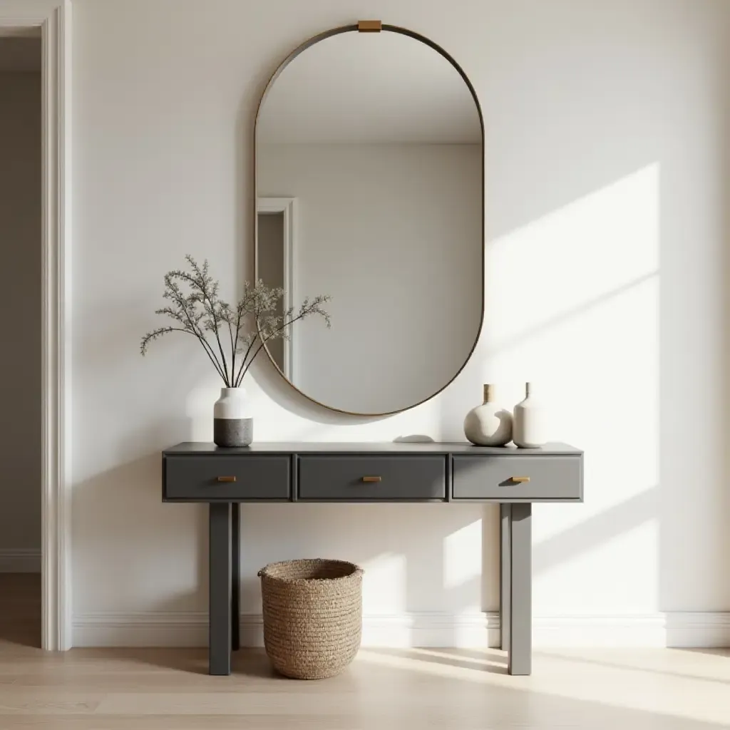 a photo of a stylish hallway with a console table and mirror