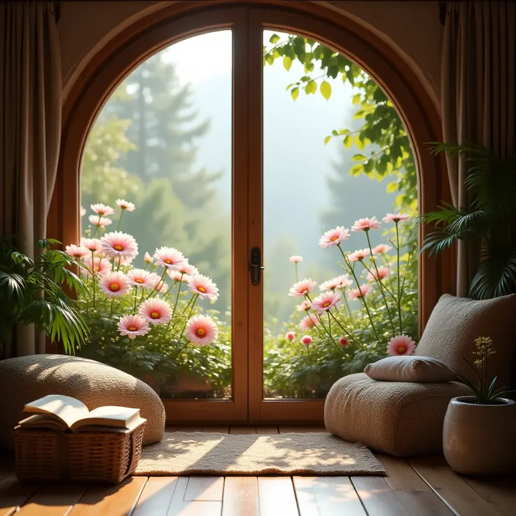 a photo of a cozy reading area with a view of blooming flowers