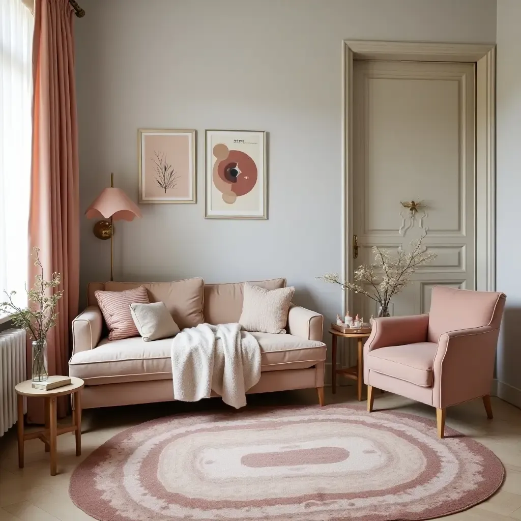 a photo of a chic teen room with a unique rug and elegant furniture pieces