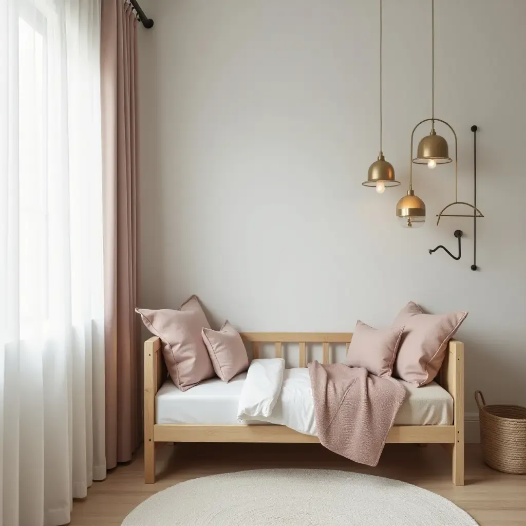 a photo of a serene kids&#x27; bedroom using muted fabric tones, light wood, and minimalist metal decor