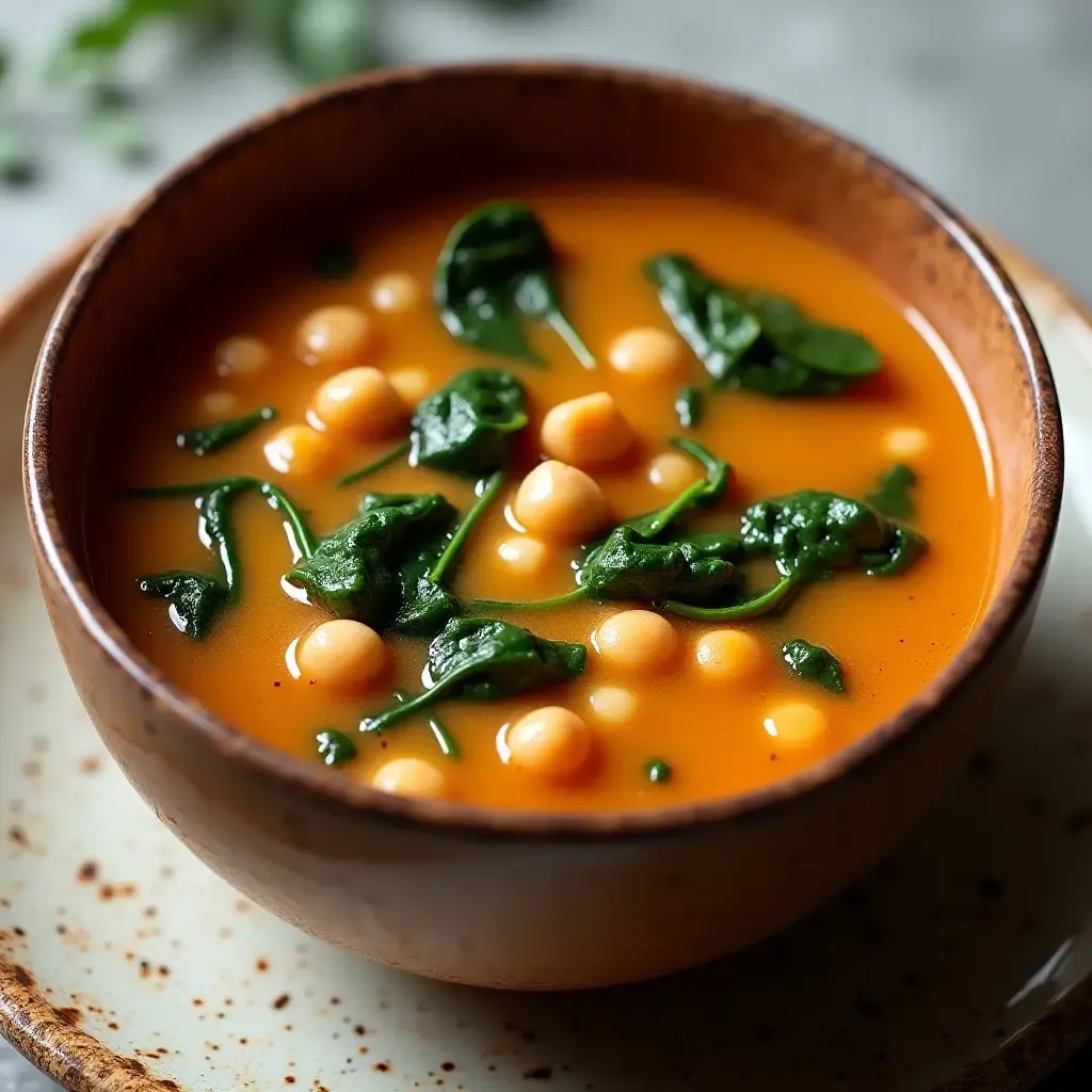 a photo of a warm Sopa de Grão soup with chickpeas and spinach