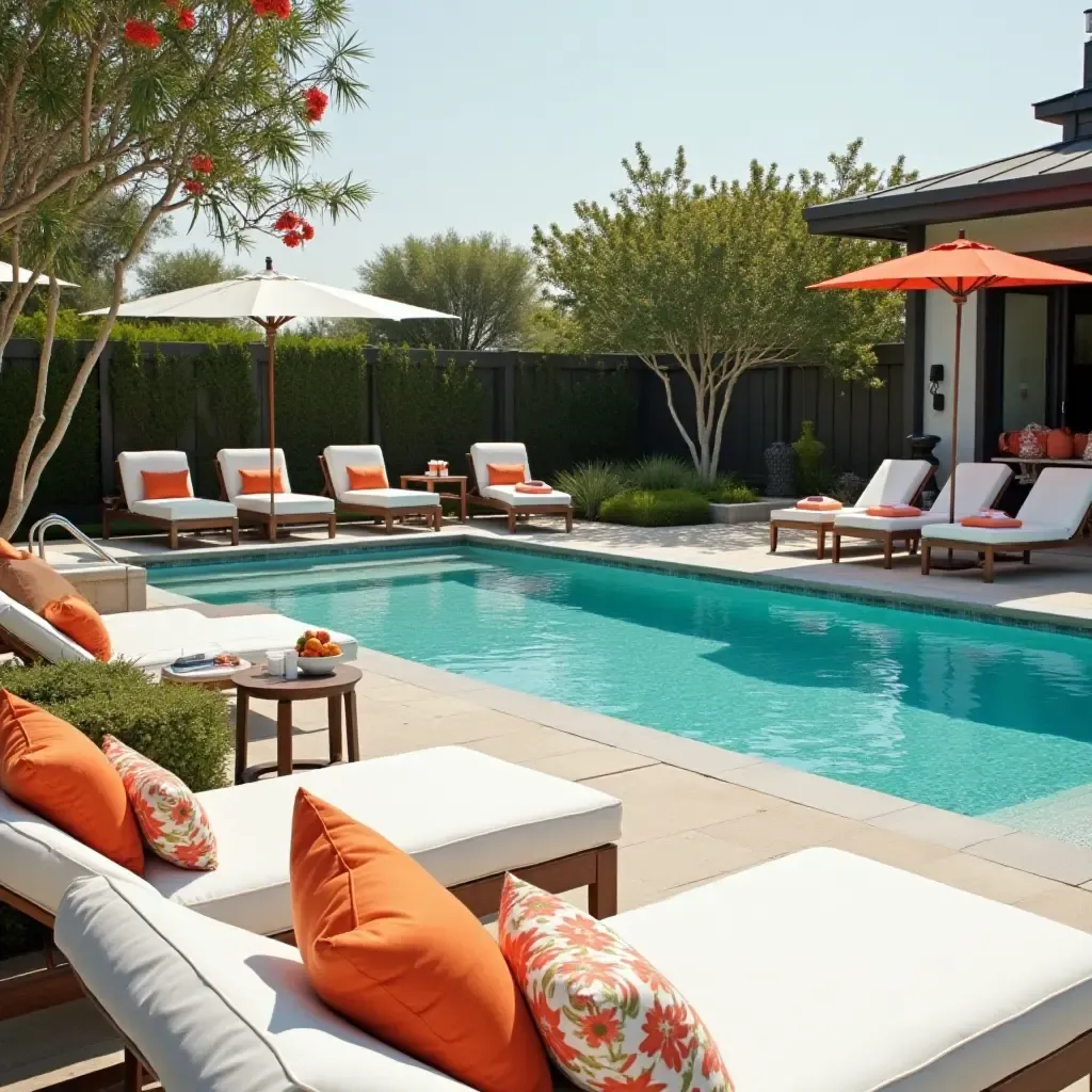 a photo of a vibrant poolside lounge with organized accessories