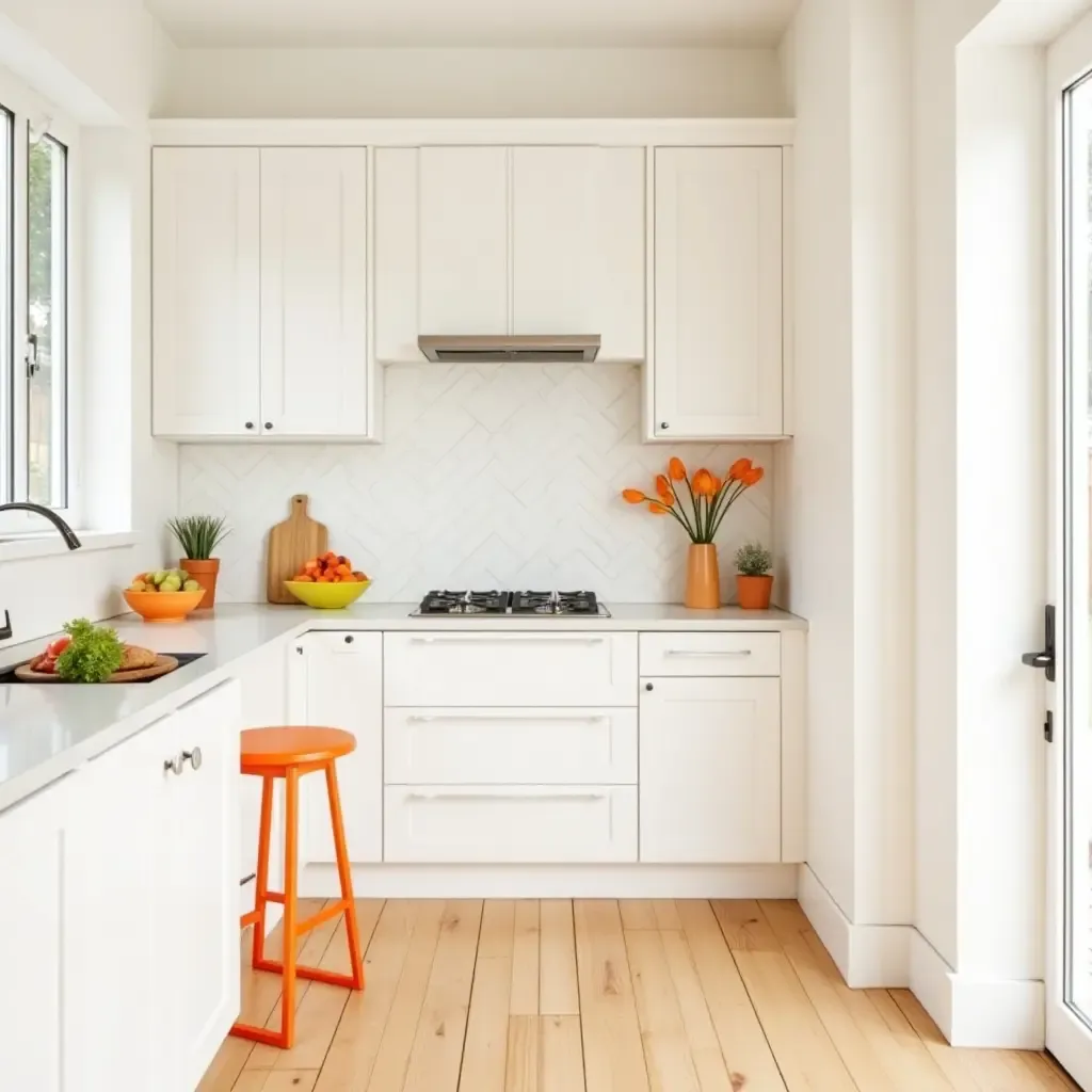 a photo of a bright white and sunny orange kitchen with cheerful accents