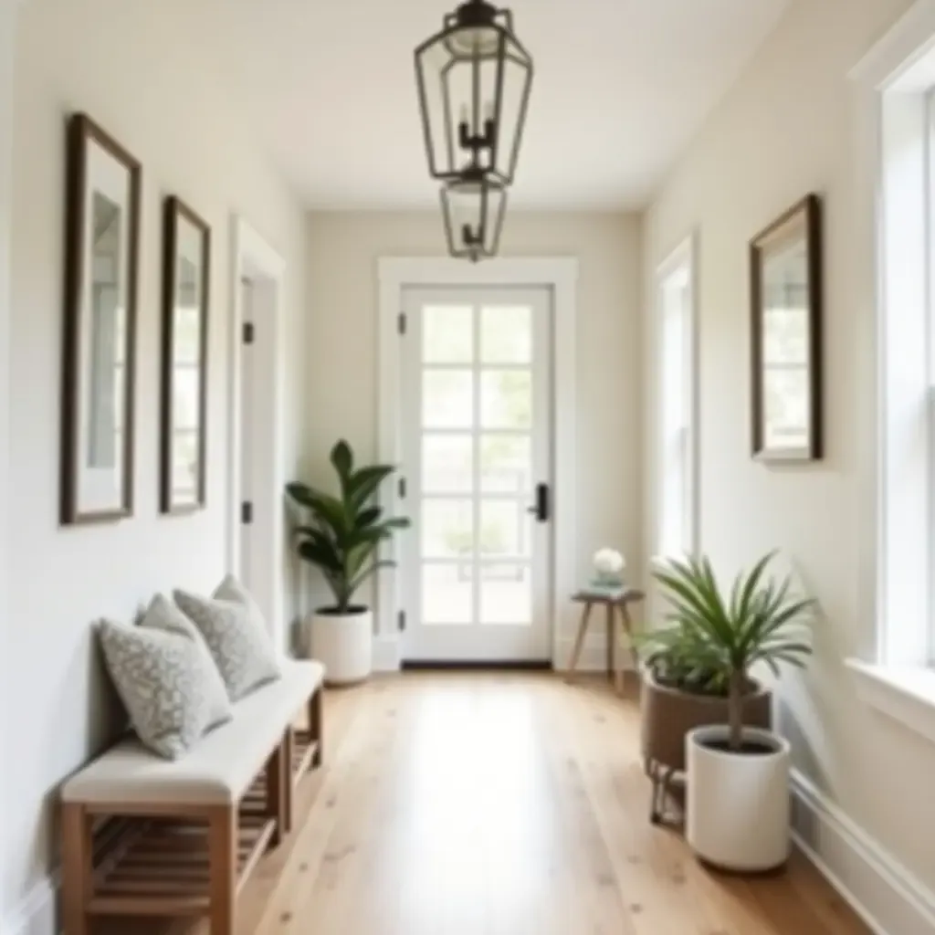 a photo of a serene hallway with soft, neutral colors and farmhouse accents