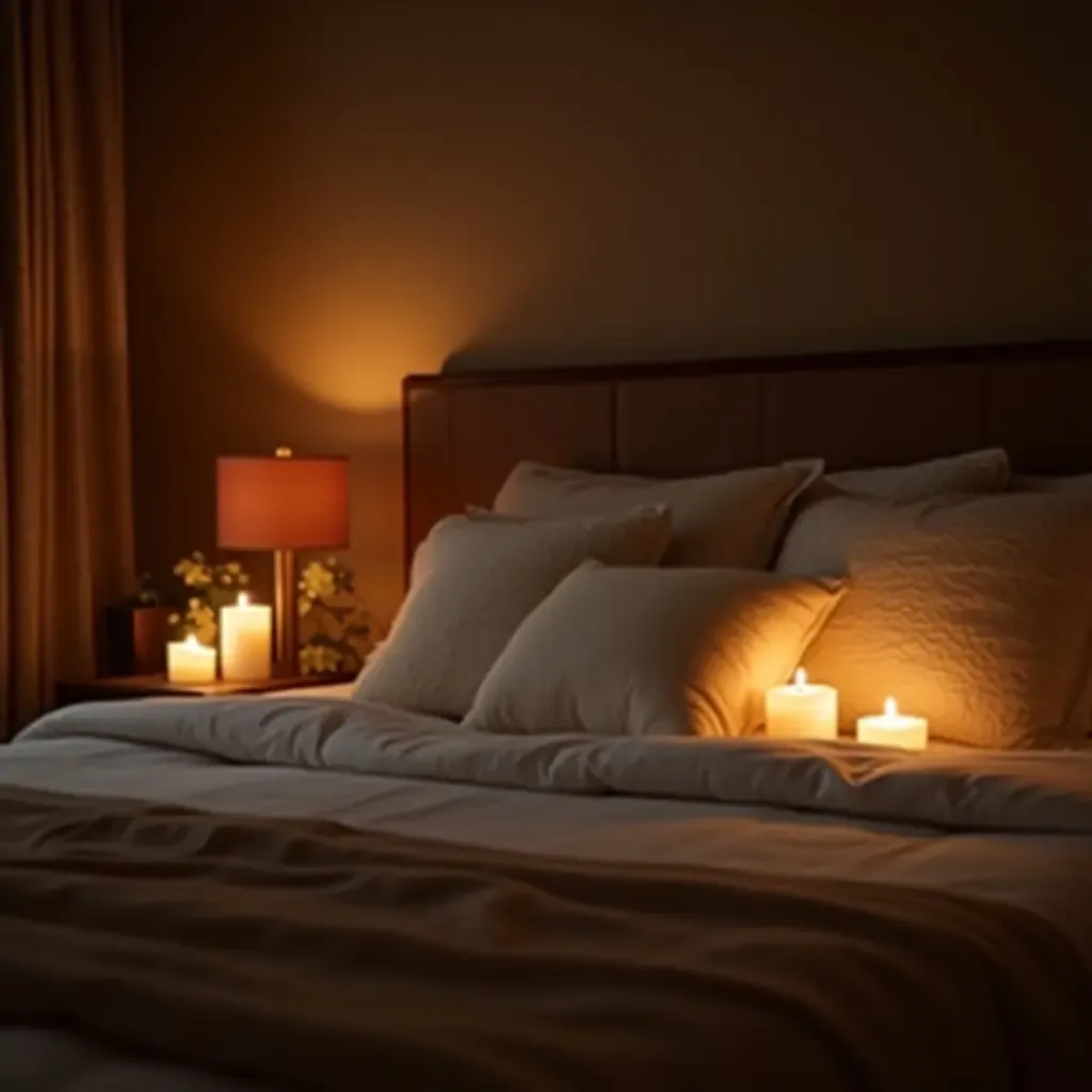 a photo of a candlelit bedroom with soft pillows and romantic decor