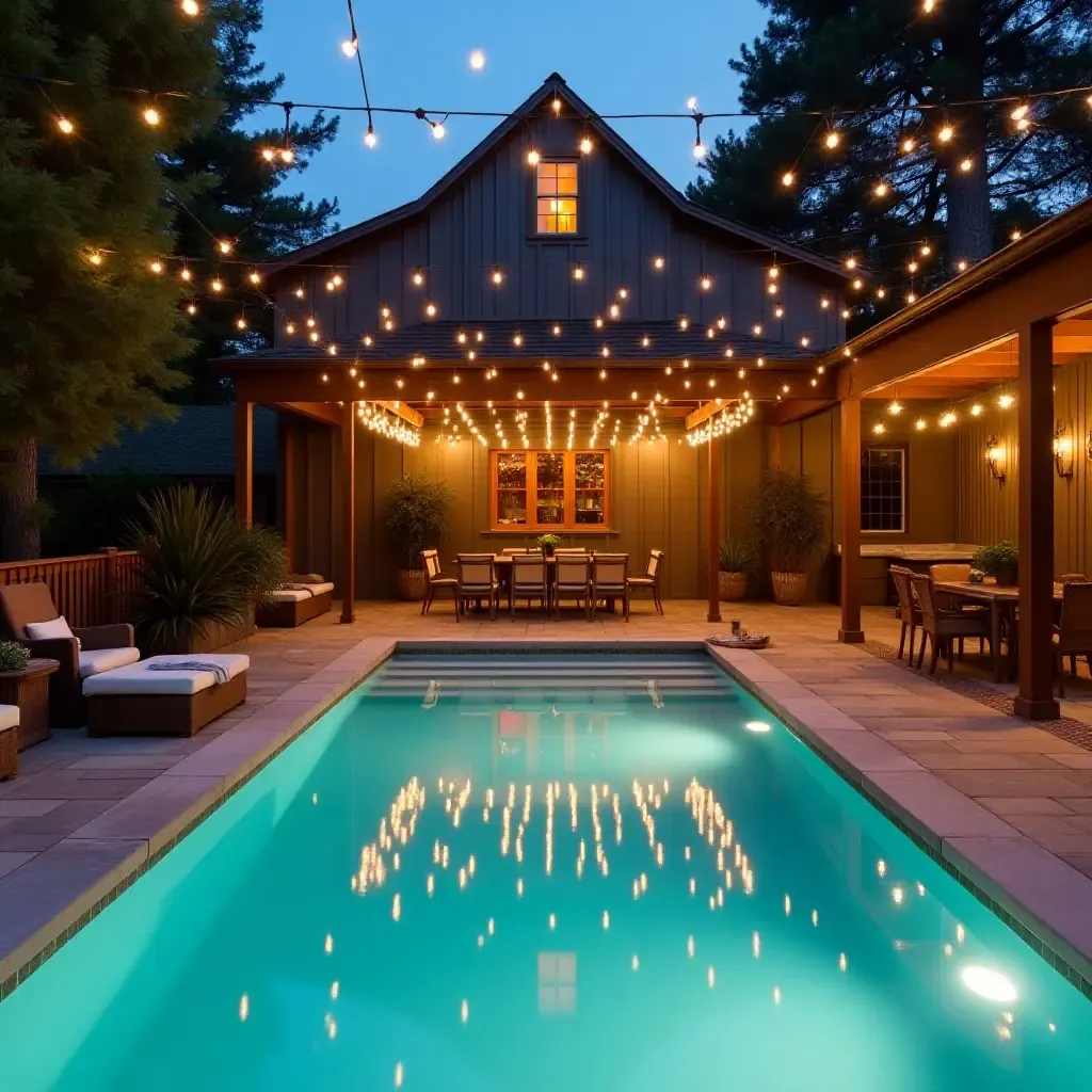 a photo of a cozy farmhouse pool area with a wooden pergola and hanging lights