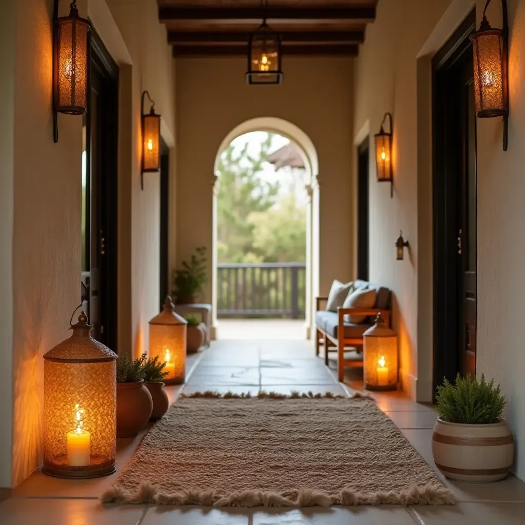 a photo of a cozy hallway with a woven rug and lanterns