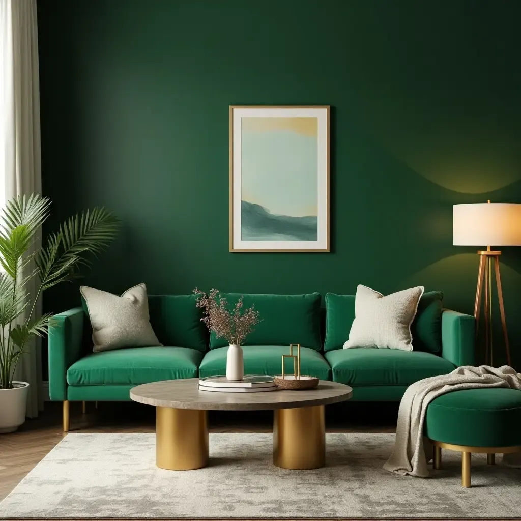 a photo of a trendy living room with emerald green and gold accents