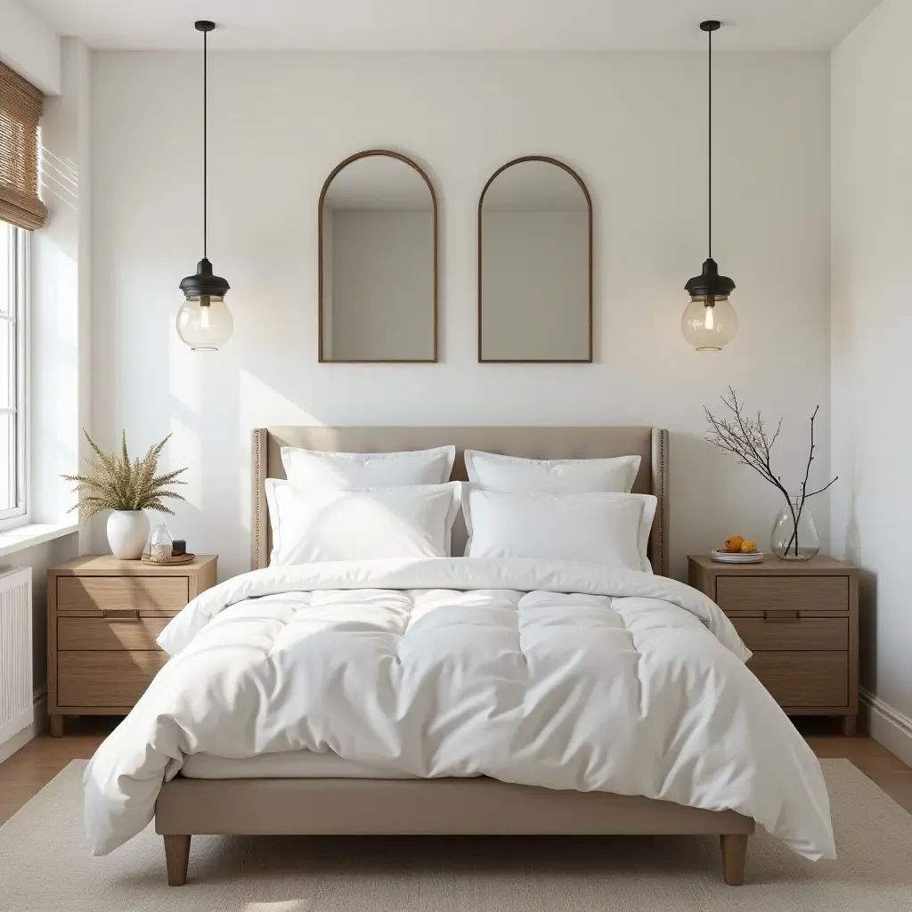 a photo of a bright bedroom with hanging mirrors above the bed