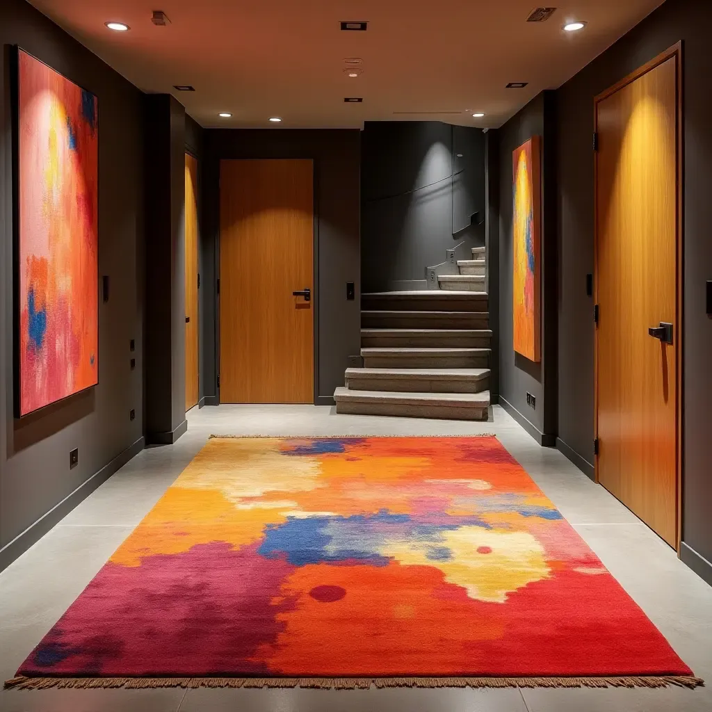 a photo of a vibrant, abstract rug with bold colors in a cozy basement