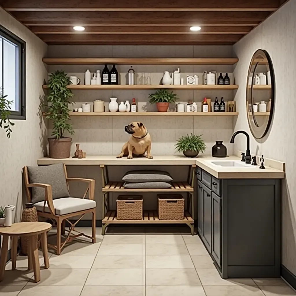 a photo of a basement pet grooming area with supplies and decor