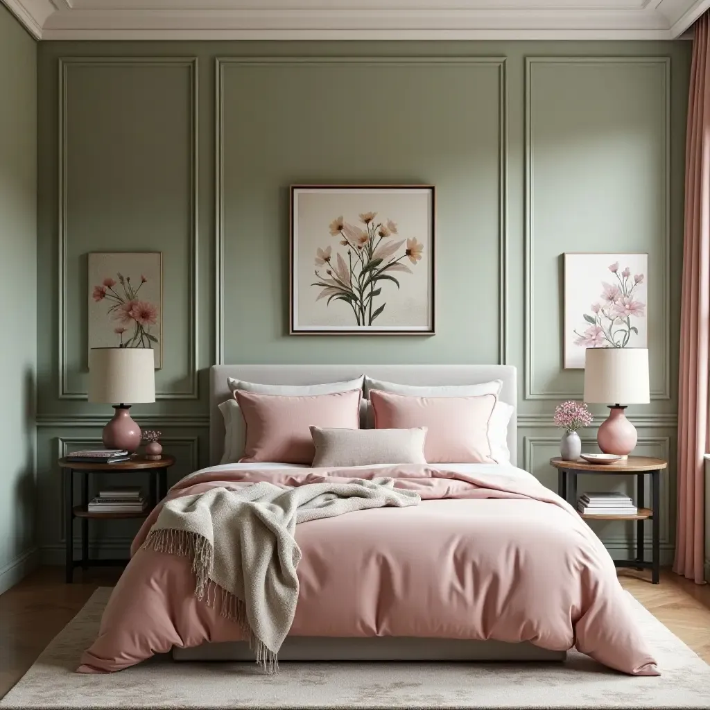 a photo of a dusty pink and green bedroom with botanical prints