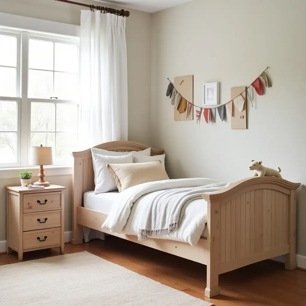 a photo of a whimsical kids&#x27; room featuring a farmhouse-style bed and decor