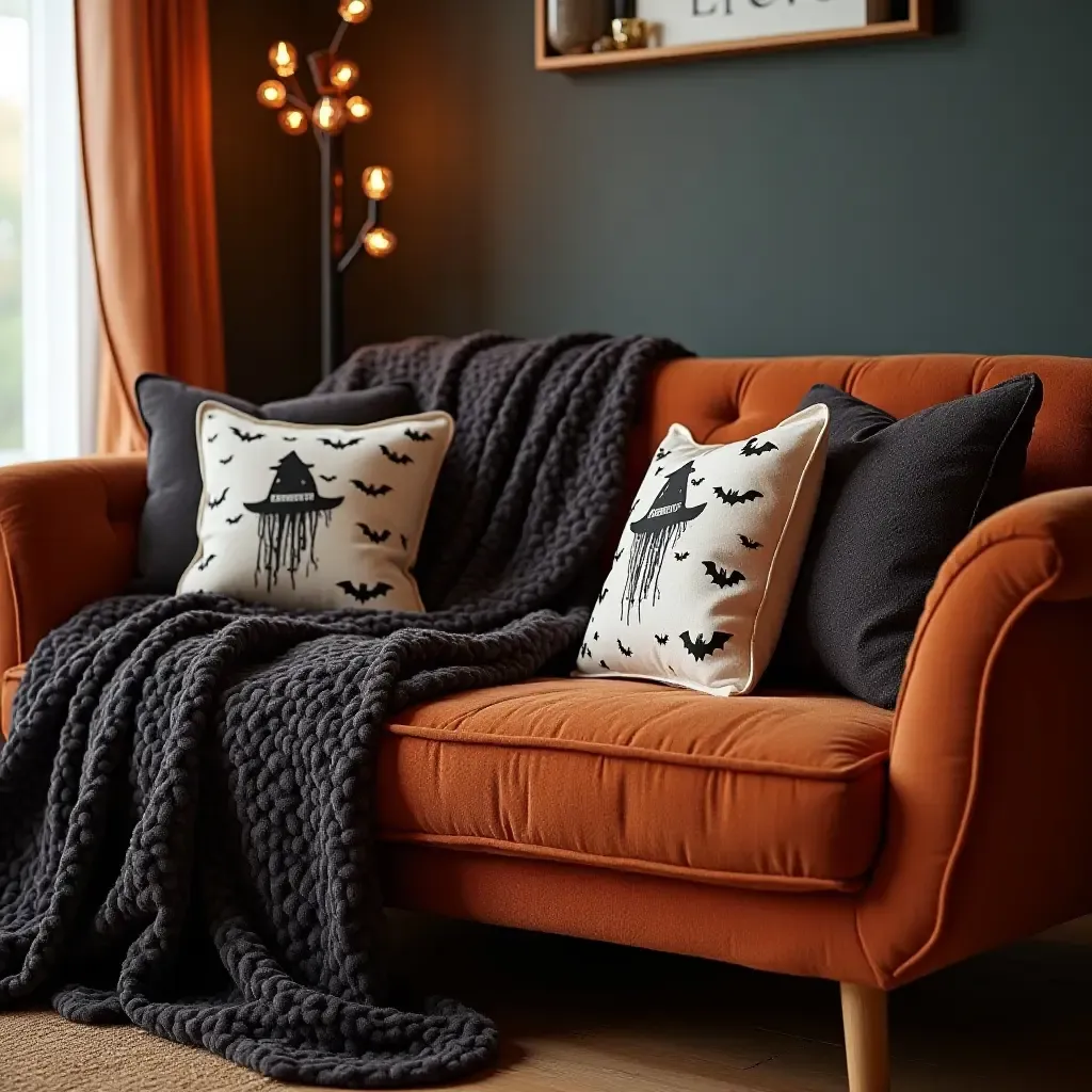 a photo of a plush sofa with witchy-themed throw pillows and blankets