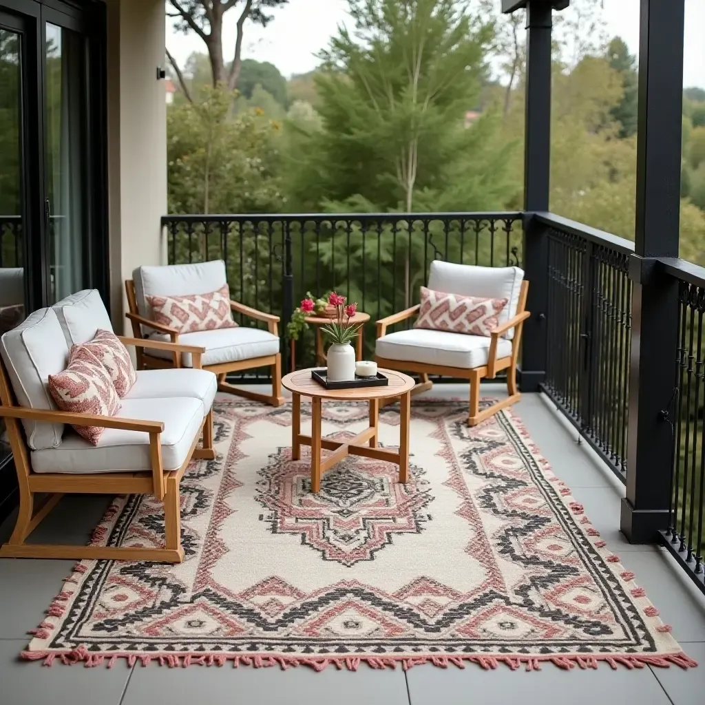 a photo of a chic outdoor rug with a Moroccan pattern on a stylish balcony