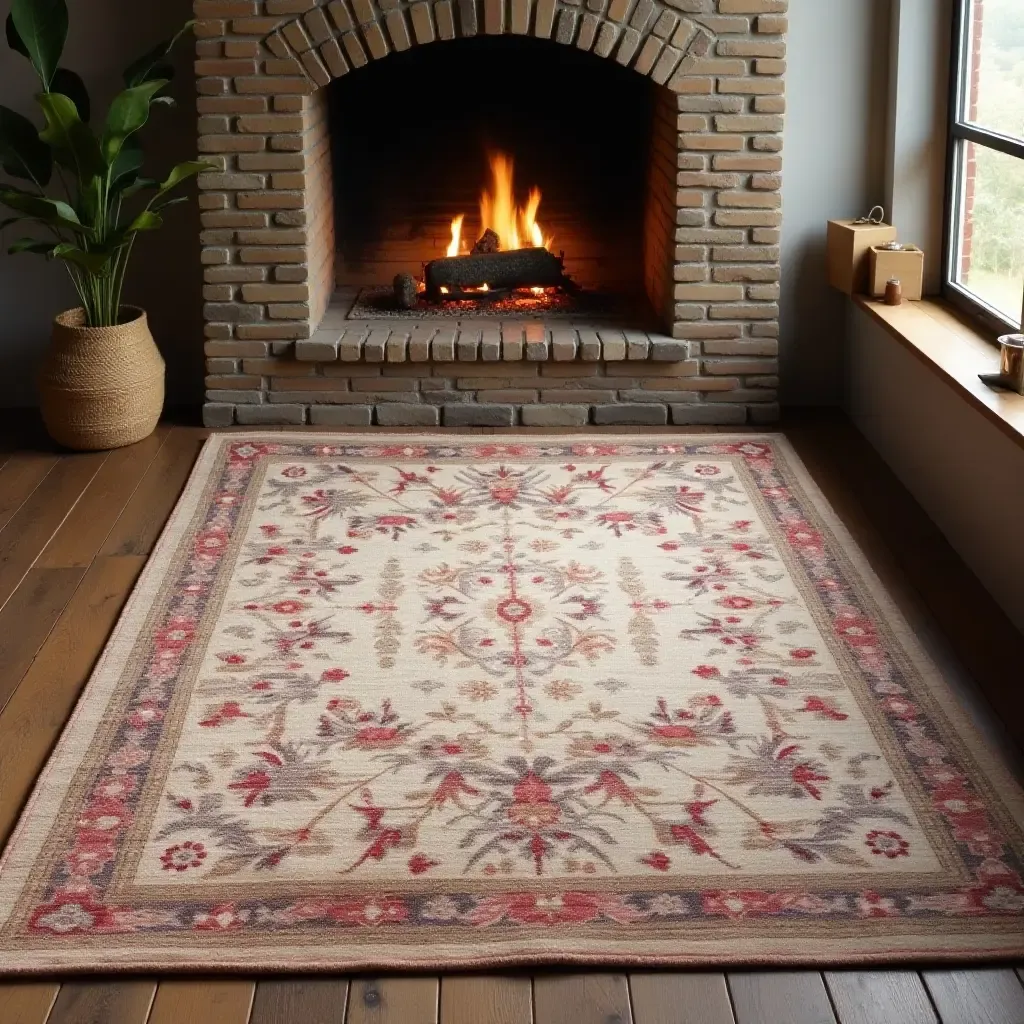 a photo of a vintage-style rug with faded colors in a cozy nook