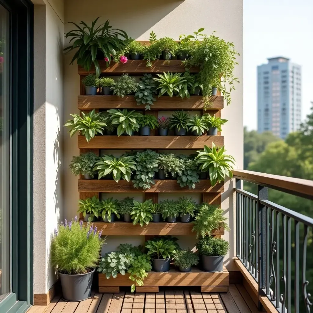 a photo of a balcony featuring a DIY vertical garden with wooden pallets