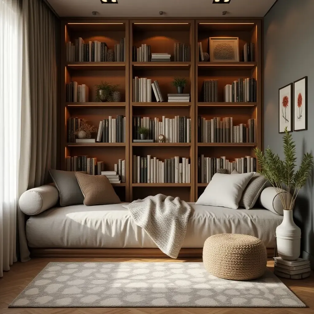 a photo of a reading nook with a soft rug and a large bookshelf