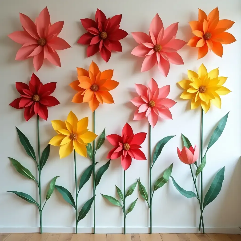 a photo of a basement wall decorated with large, colorful paper flowers