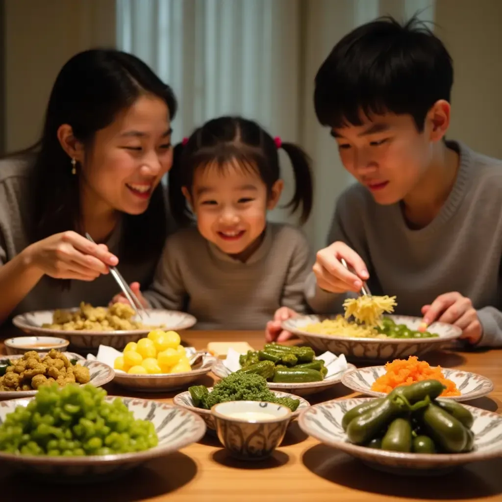 a photo of a family enjoying a meal with various Japanese pickles on the table.