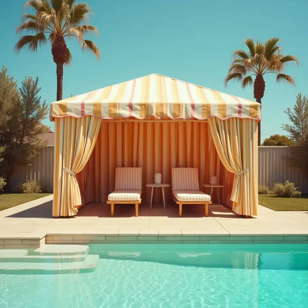 a photo of a nostalgic poolside cabana with striped curtains