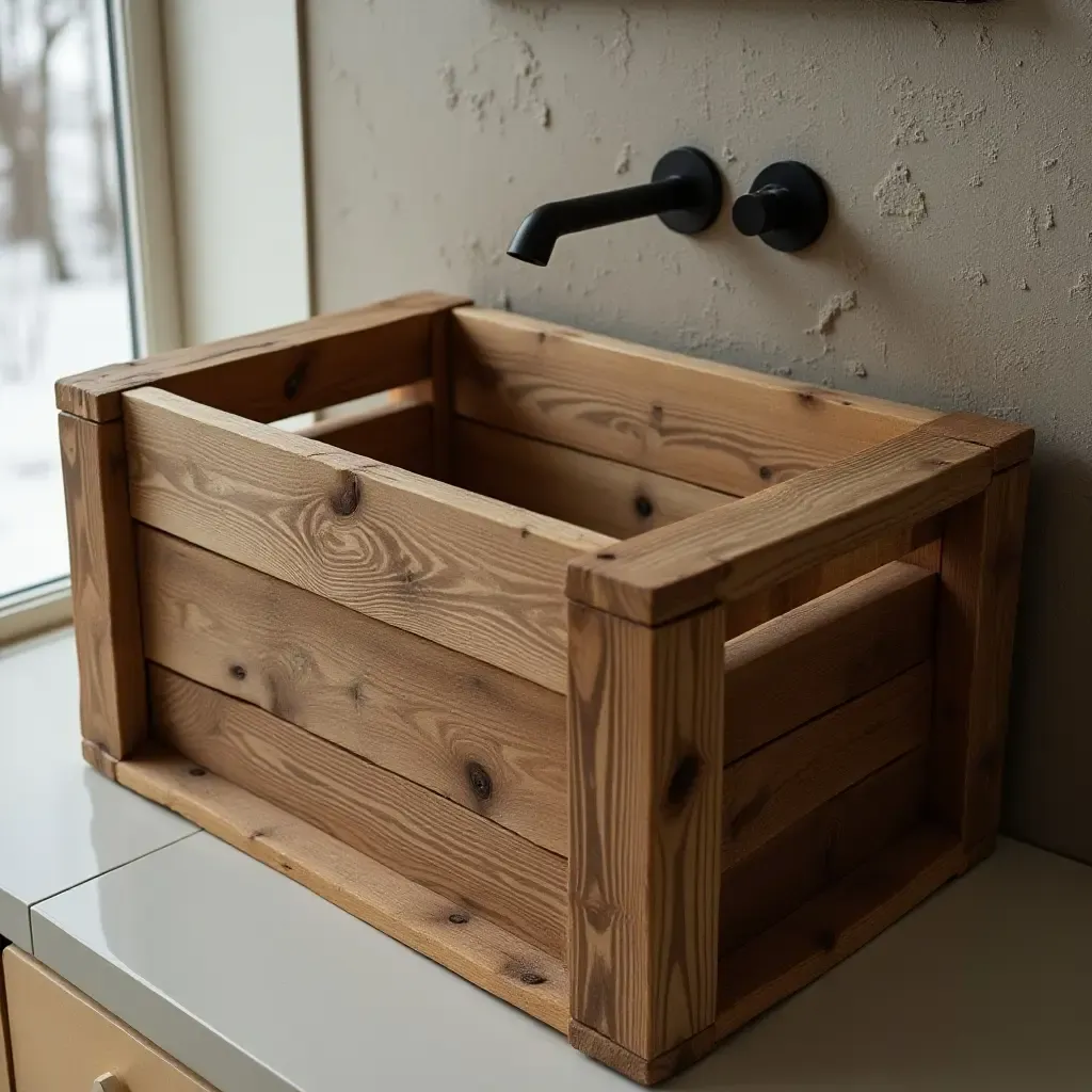 a photo of a sink made from an old wooden crate