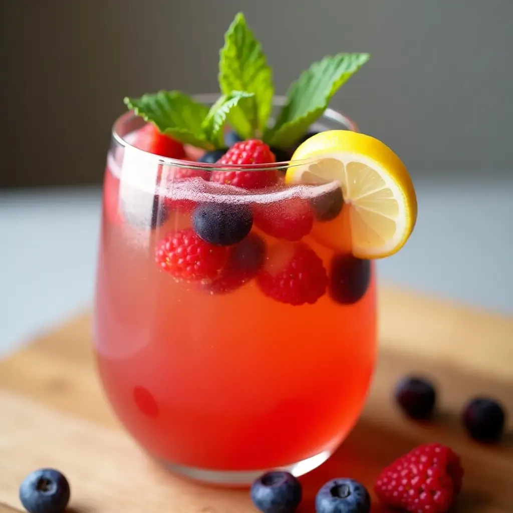 a photo of a refreshing Italian-inspired cocktail with prosecco, berries, and mint, garnished with a lemon twist.