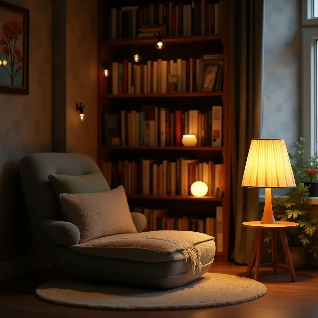 a photo of a cozy reading corner with a bookshelf and soft lighting