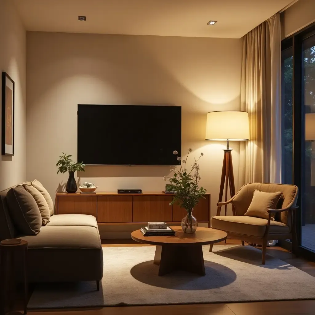 a photo of a small living room featuring a smart lighting system