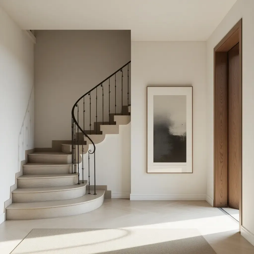 a photo of a contemporary entrance hall with a minimalist staircase and artwork