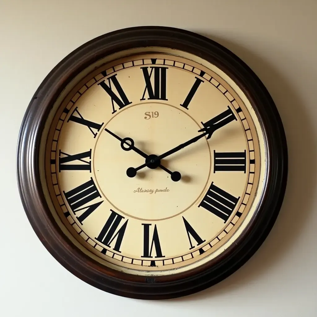 a photo of a nostalgic wall clock with Roman numerals