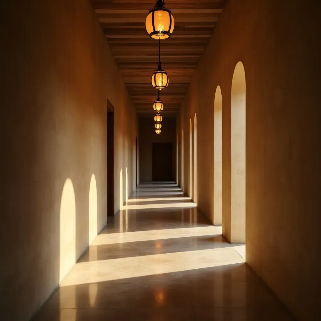 a photo of a corridor with pendant lights that cast interesting shadows