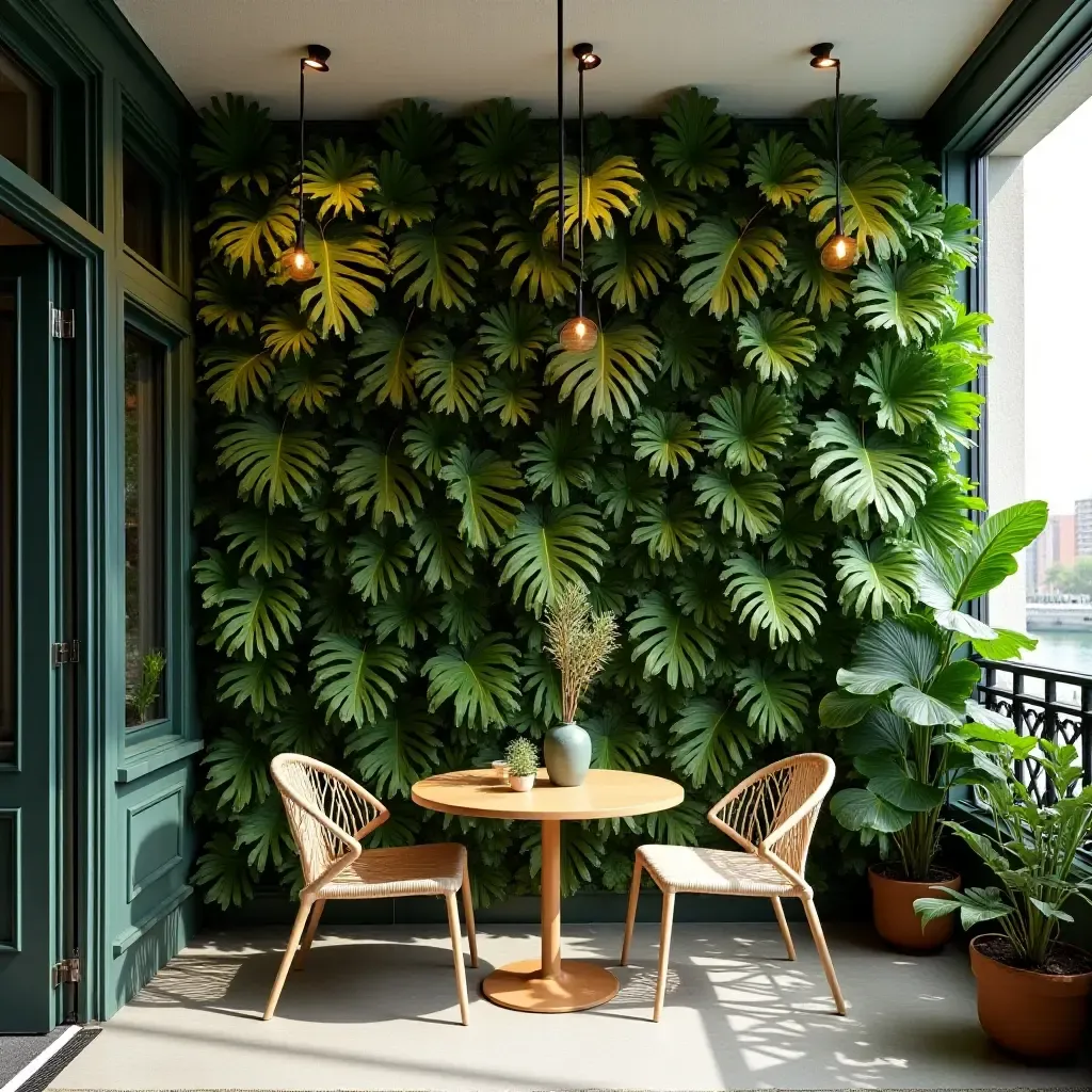 a photo of a balcony featuring a wall of vibrant tropical plants