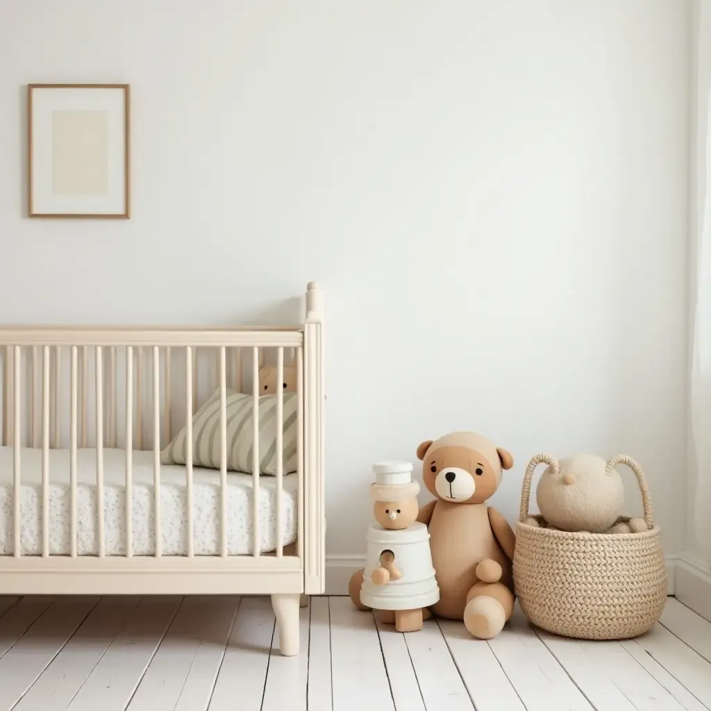 a photo of a nursery with a vintage crib and hand-painted wooden toys