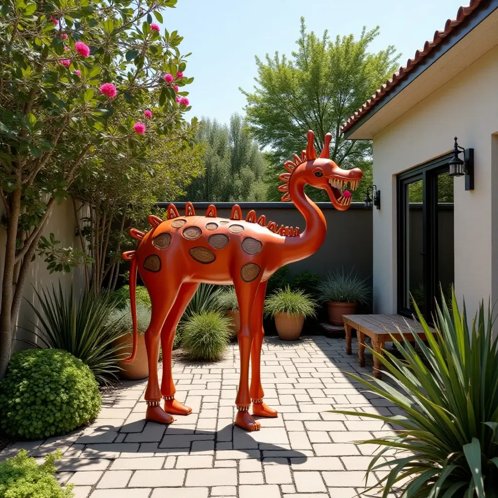 a photo of a whimsical outdoor art installation on a 12x12 patio