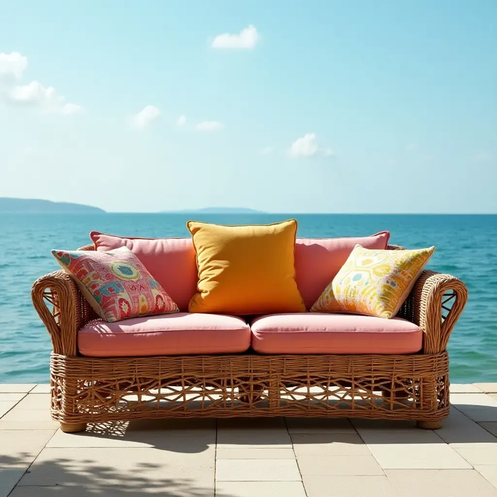 a photo of a vintage rattan sofa with colorful cushions by the water