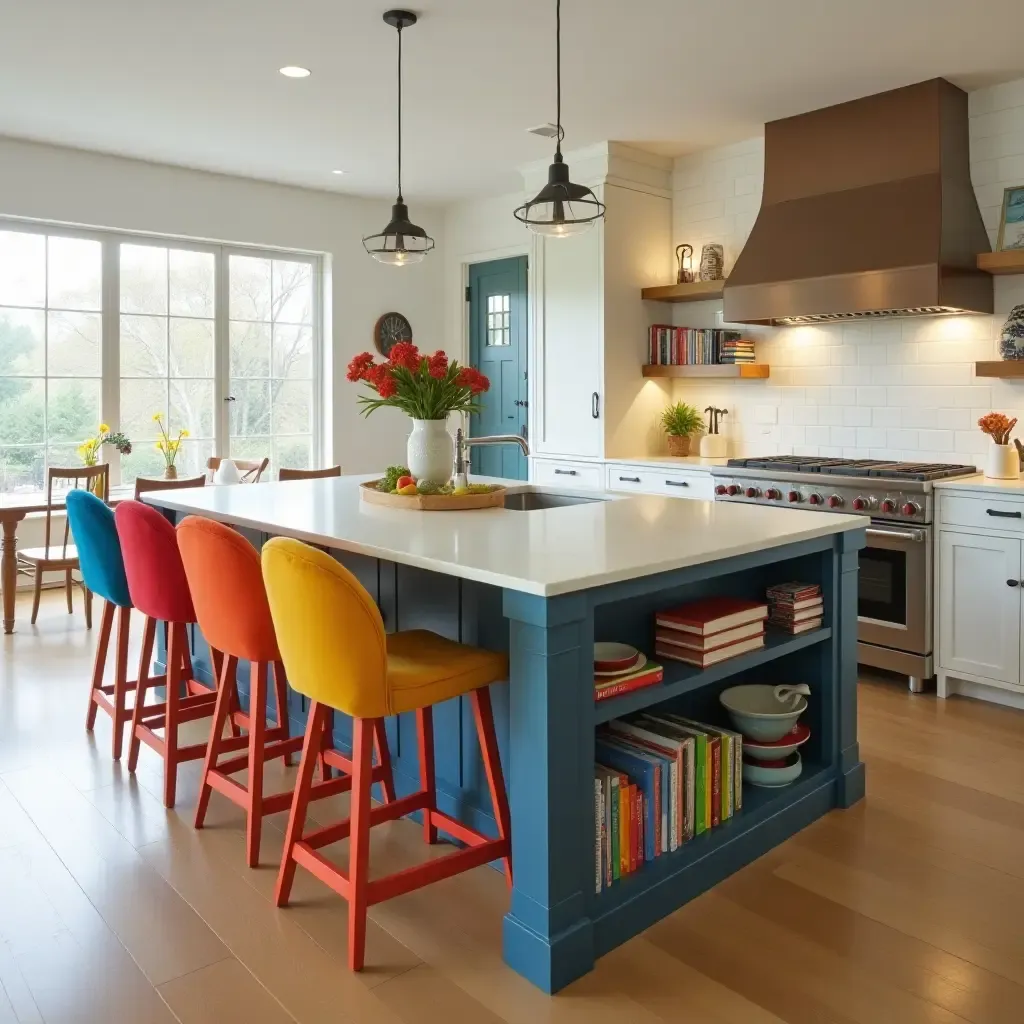 a photo of a colorful kitchen island with vibrant chairs and ample storage