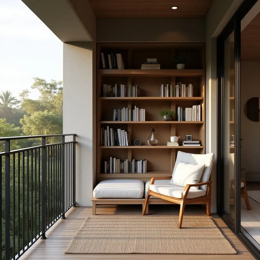 a photo of a balcony with a reading nook and bookshelf