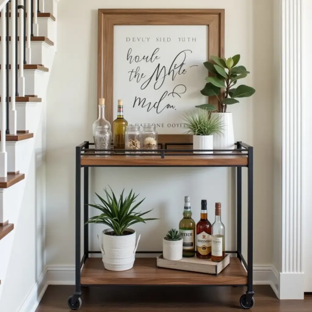 a photo of a basement bar cart styled with farmhouse decor and accessories