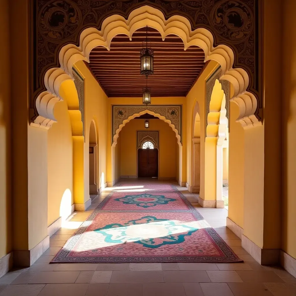 a photo of a corridor featuring a beautiful archway and colorful textiles