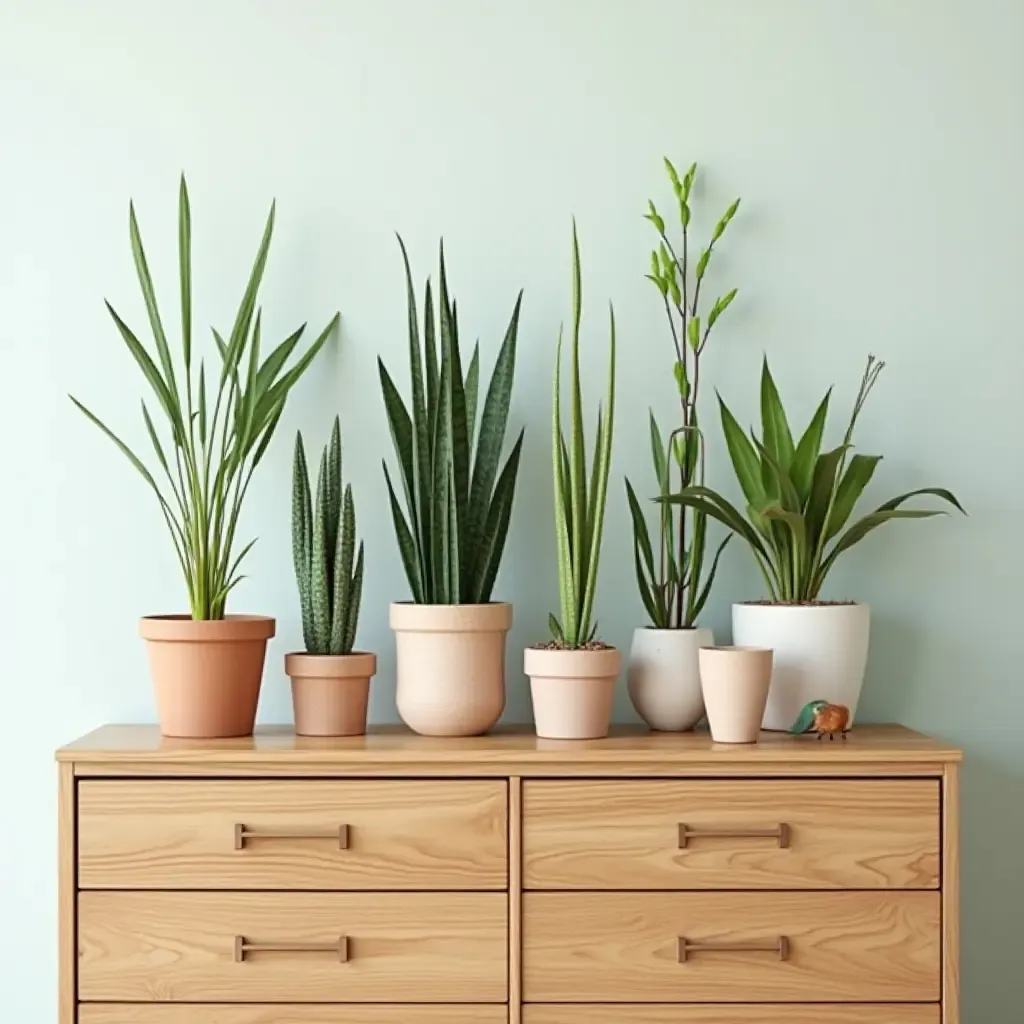 a photo of a creative plant arrangement on a dresser