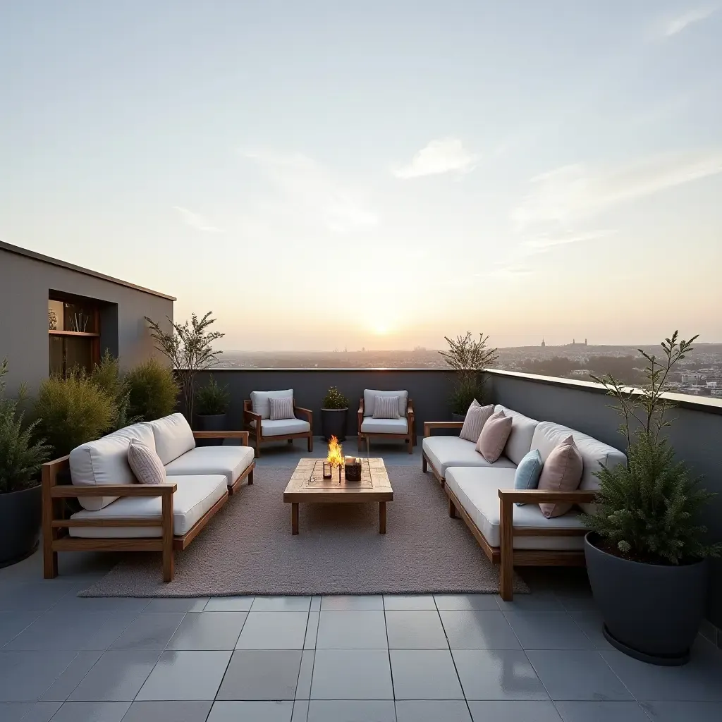 a photo of a rooftop balcony with a stylish outdoor lounge area