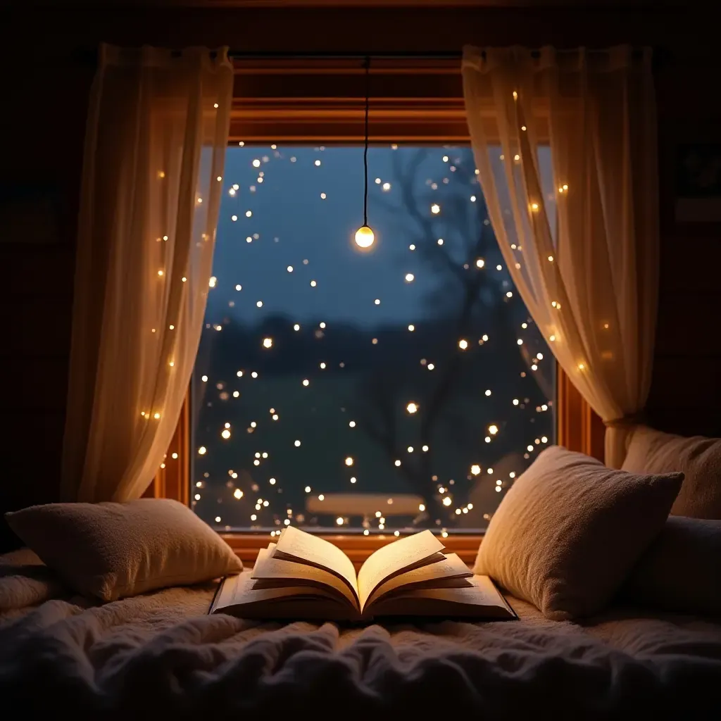 a photo of a magical reading nook with twinkling stars and moon decor