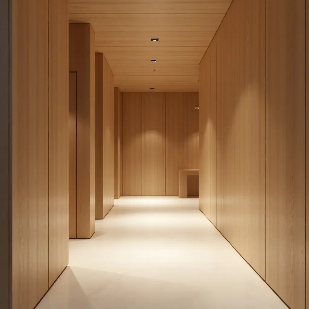 a photo of a minimalist corridor with natural wood accents and soft lighting