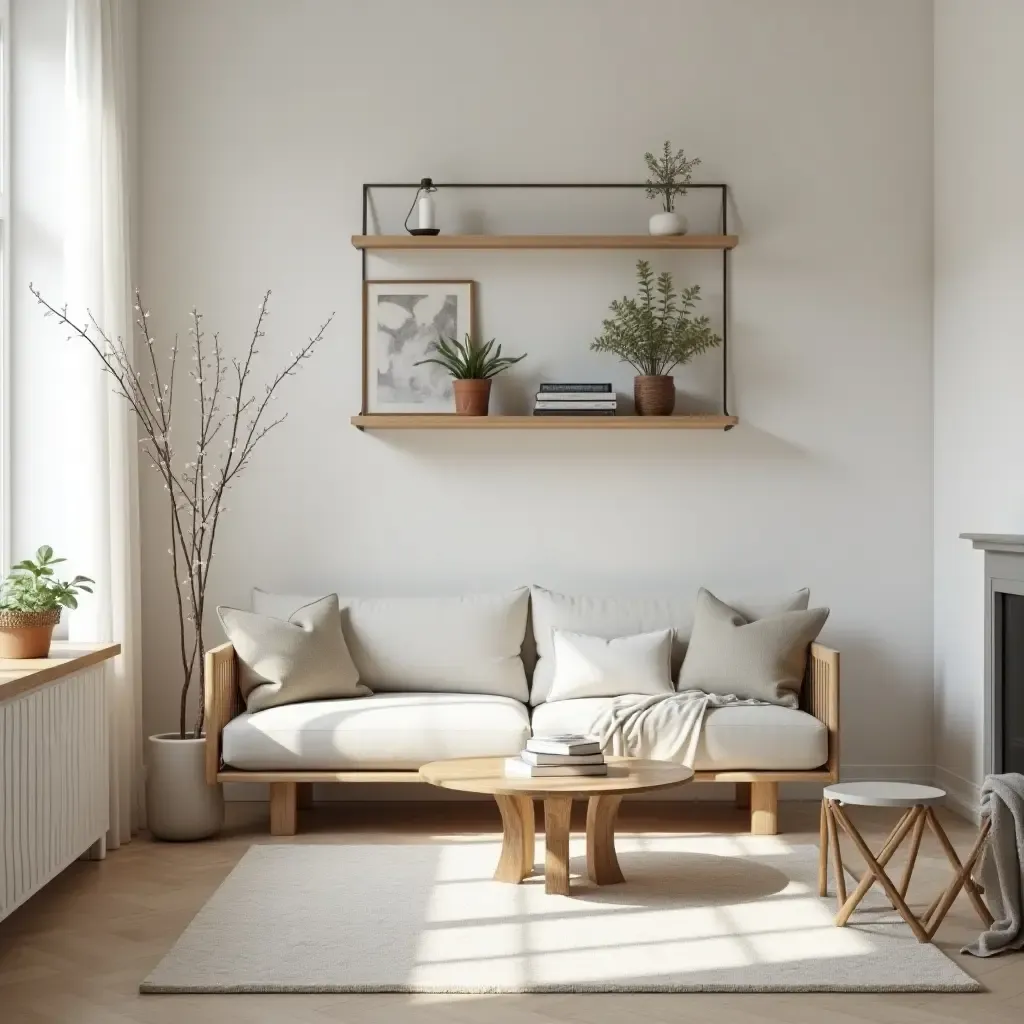 a photo of a trendy living room with a decorative wall shelf