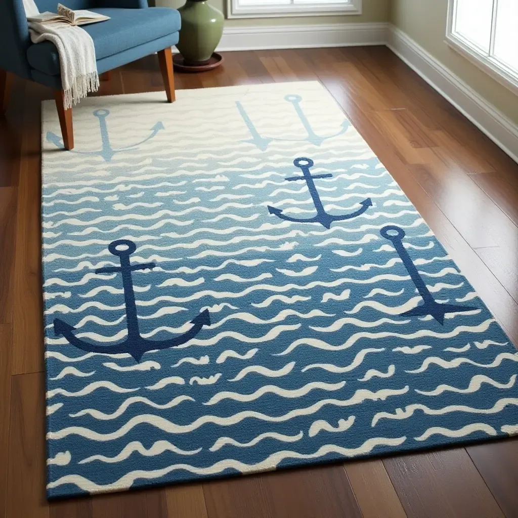 a photo of a nautical rug featuring anchors and waves