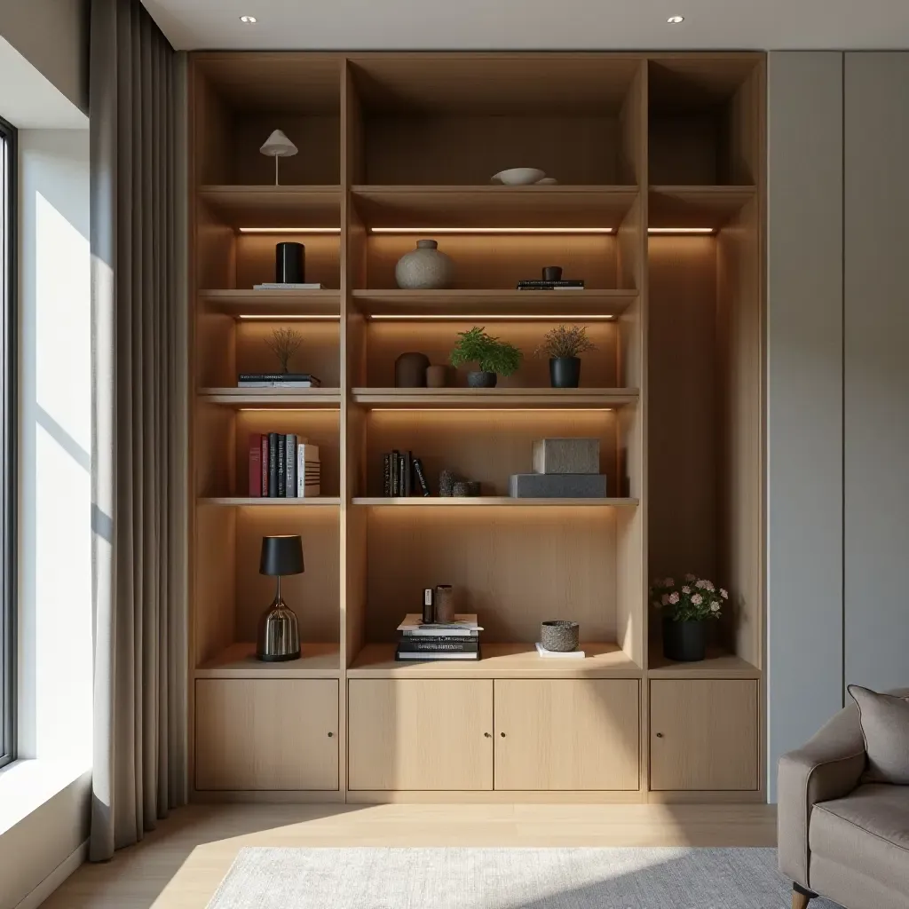 a photo of a stylish room divider with built-in shelves