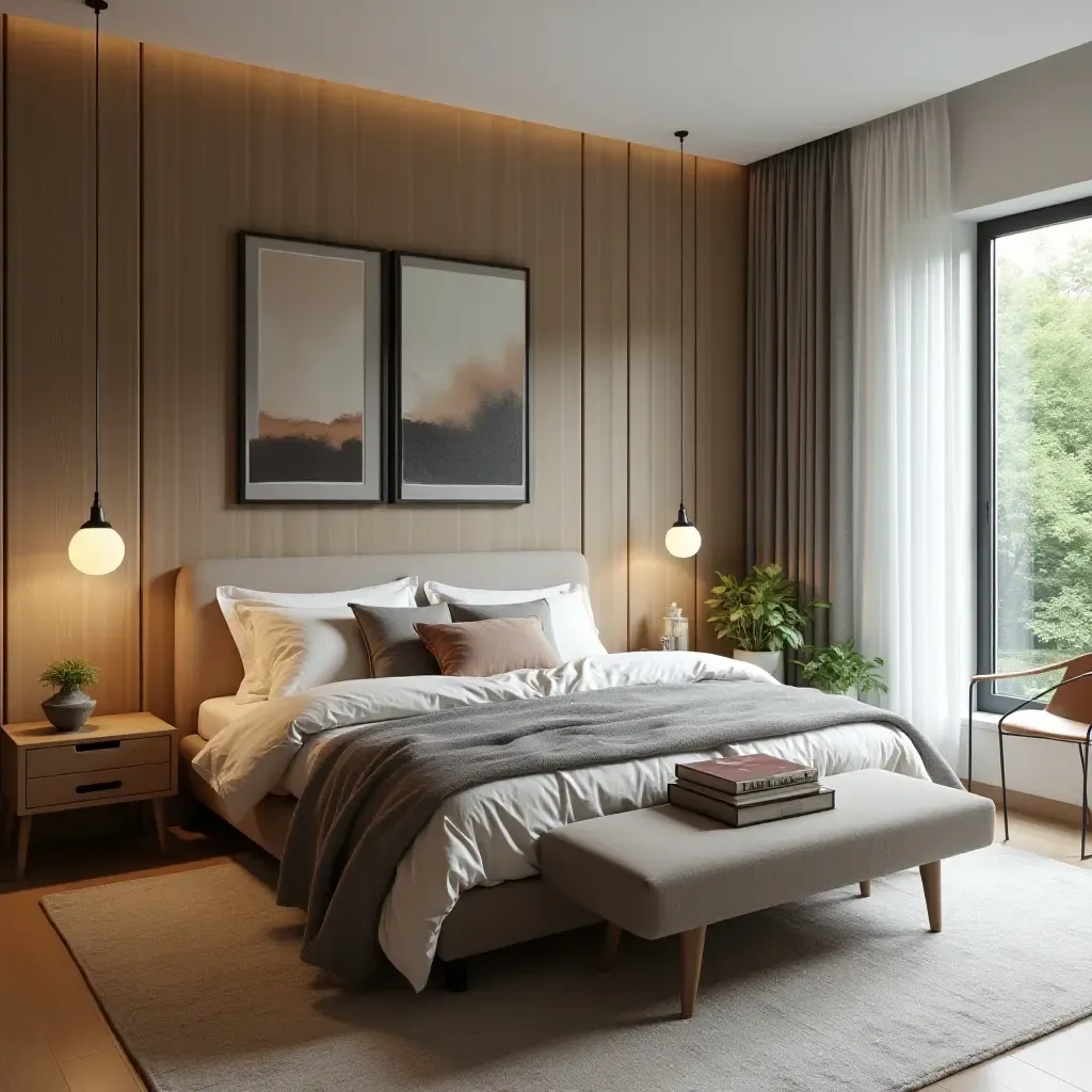 a photo of a trendy bedroom featuring multifunctional furniture