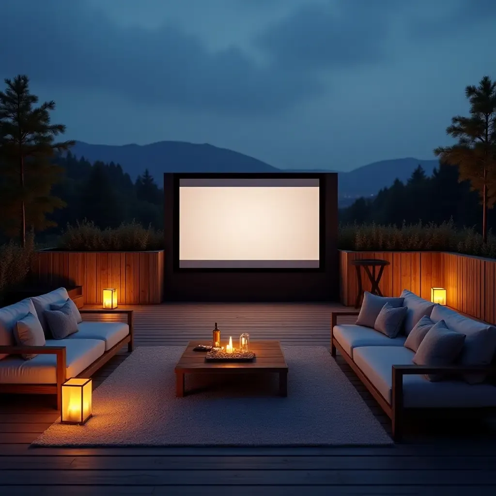 a photo of a balcony with an outdoor cinema setup and comfy seating